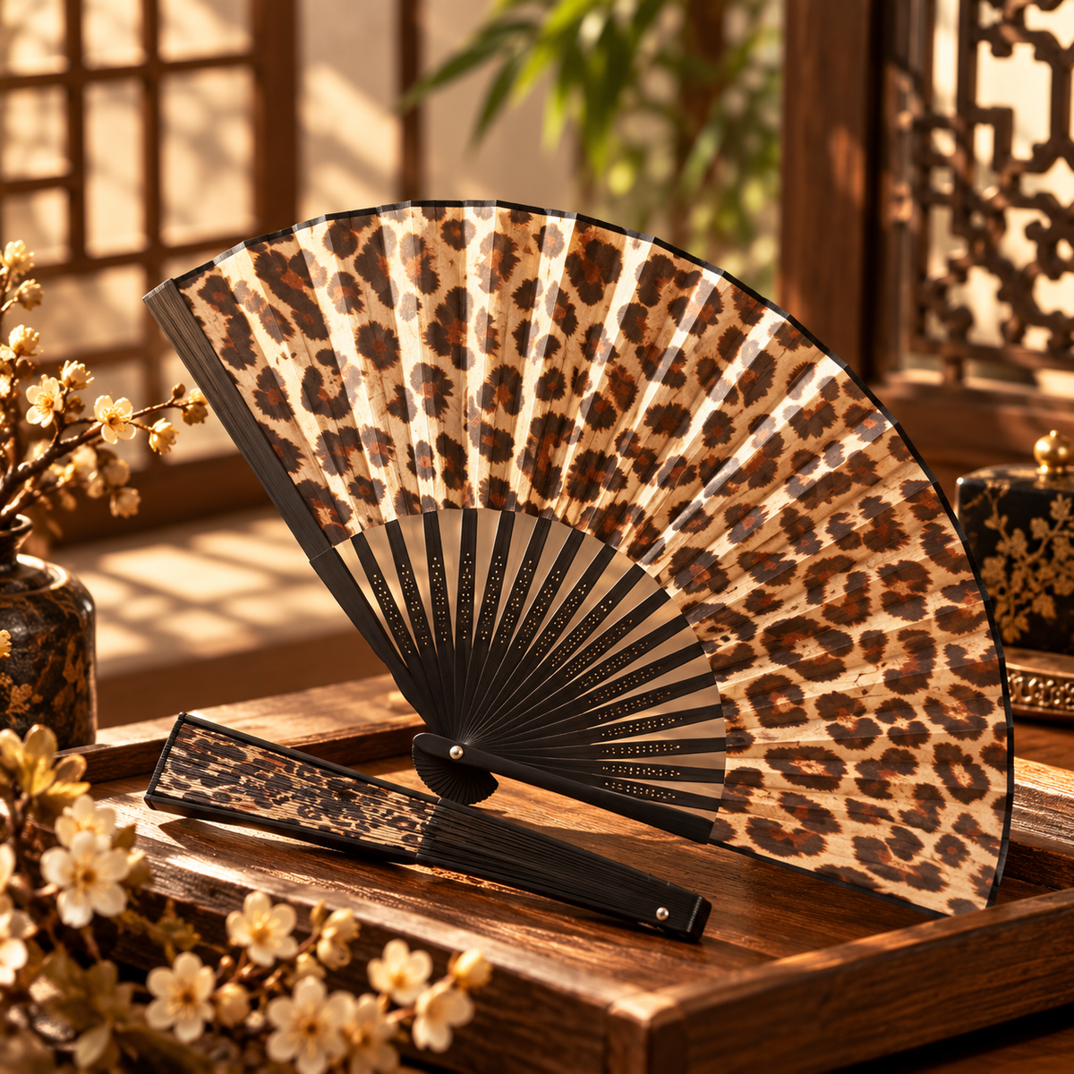 Vintage Leopard Print Folding Fan